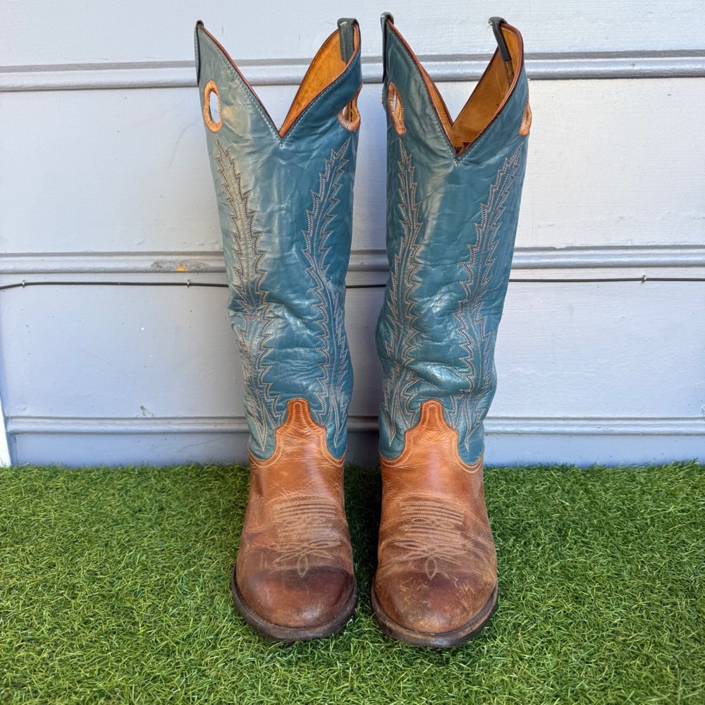 Vtg Tony Lama Mens Blue Leather Tall Western Cowboy Buckaroo Boots Size 9 EE USA